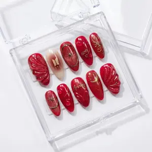 Handmade BTS Press On False Nails, Sparkling Red Gold Arirang Moon Star Design, Decorative Storage Box for Nail Art