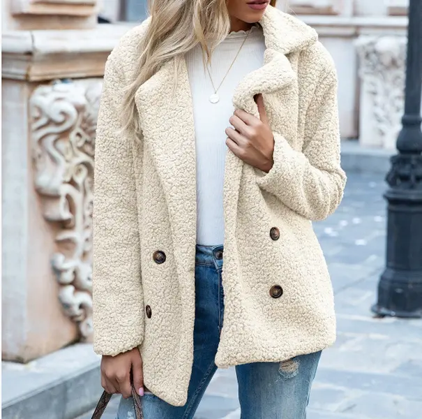 Women's Fuzzy Teddy Peacoat - Cozy Double - Breasted Sherpa Coat for Winter Jackets Tops winter clothes women