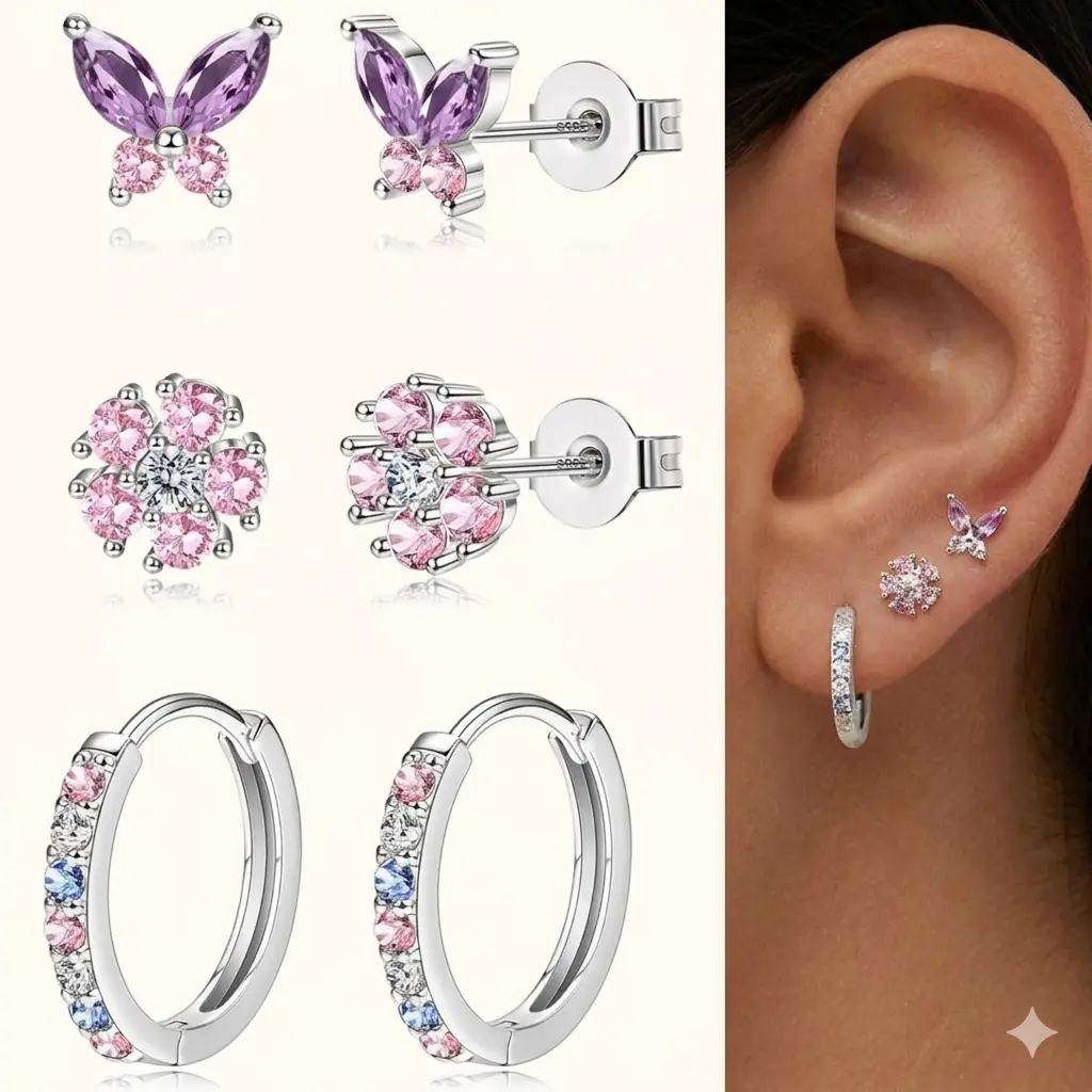 Jstyle 3 Pairs 925 Sterling Silver Earrings for Women Grils Hypoallergenic Silver/Gold Stud Hoops Earrings Set Dainty Studs Huggies Earings Flower Butterfly Earrings Sets for Multiple Piercings