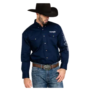 MP2327N Wrangler Men's Logo Long Sleeve Button Down Shirt - Navy