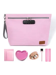 Egooz Pink Smell Proof Organizer Bag with 10 PCS Accessories & Combination Lock, Makeup Organizer Pouch, Makeup Storage Bag, Portable Travel Cosmetic Case with Secure Zipper Design, Travel Essentials, Travel Cosmetic Bags (Medium Size, 11.8 x 9.8 Inches)