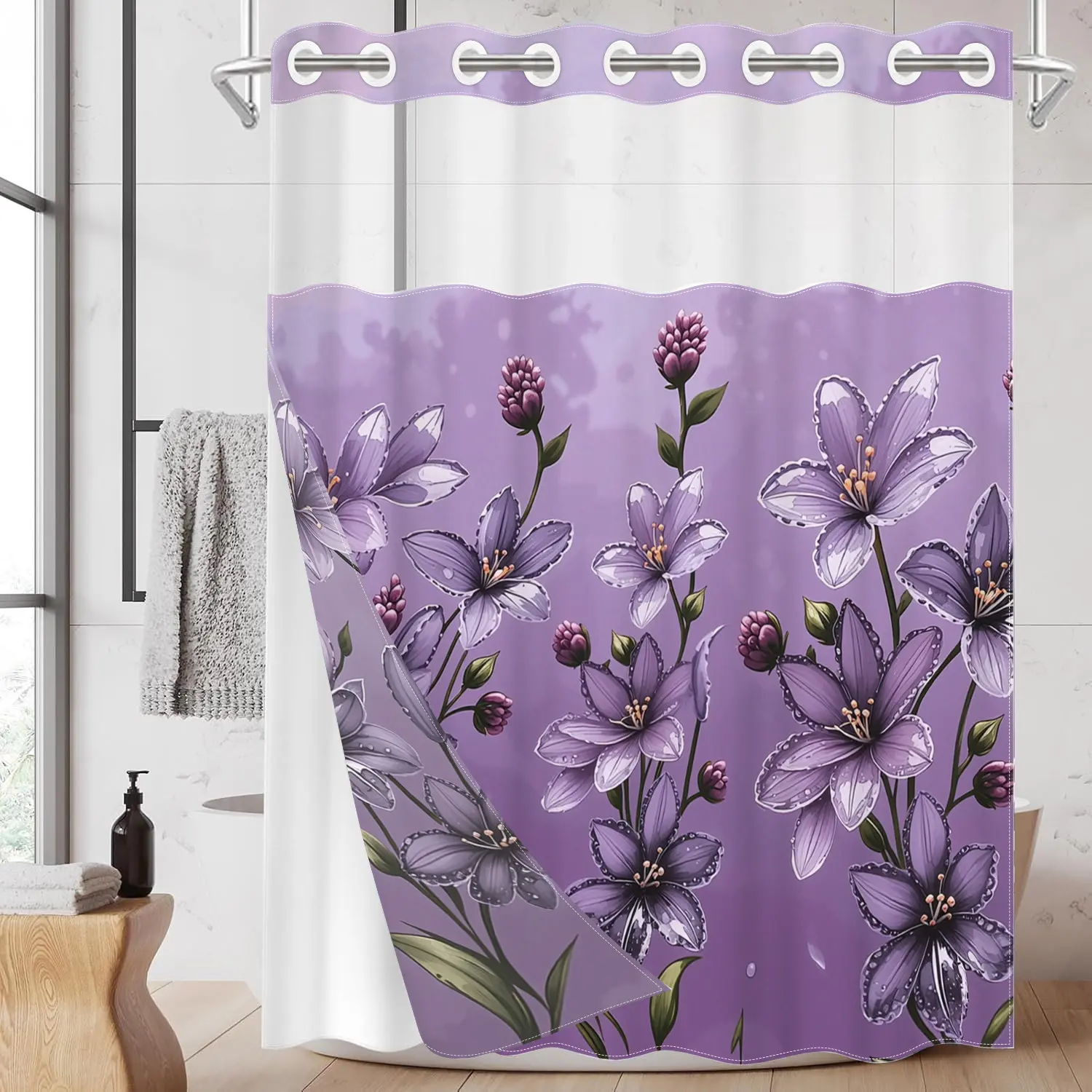 1pc hookless shower curtain with buckle lining, purple floral design with 2D flat printing, waterproof fabric lining, double-layered shower curtain with see-through window, 71 x 74 inches, modern home curtain, Printed shower curtain