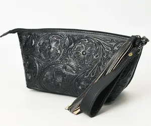 American Darling genuine hand tooled leather wristlet pouch with wipeable interrior- perfect for cosmetics and travel