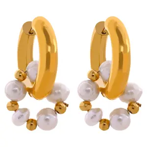 Natural Pearl 18K Gold Stainless Steel Huggie Hoop Earrings