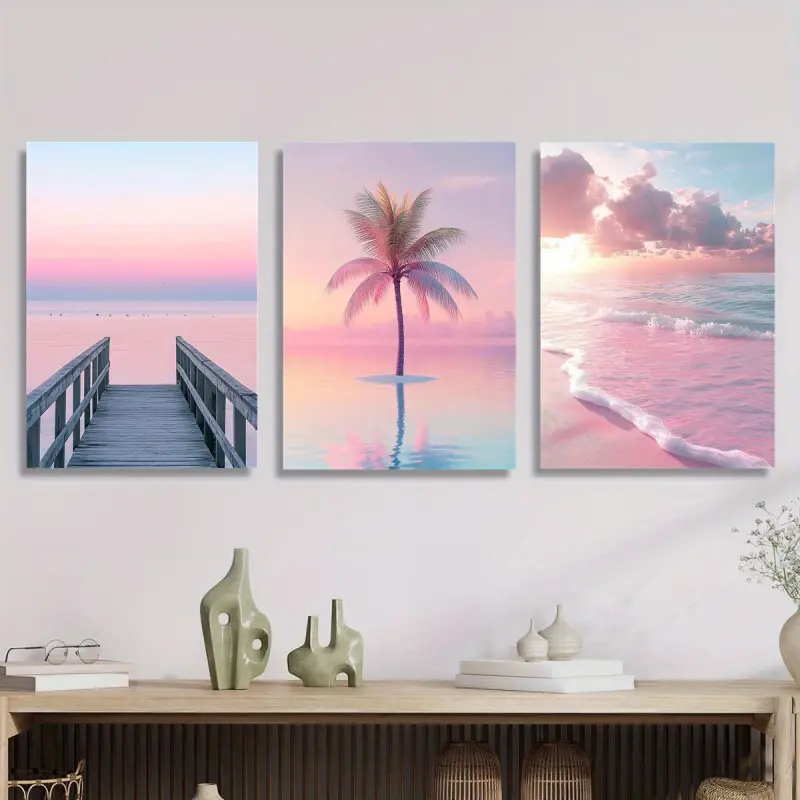 3pcs, Pink Sunset Beach Canvas Print Art - Wooden Pier with Coconut Trees & Ocean View, Tropical Beach Scene Ocean Inspired Design Wall Art Decoration for Home, Office, or Living Room, Art Work For Wall Decor, Unframed, Aesthetic Wall Decor