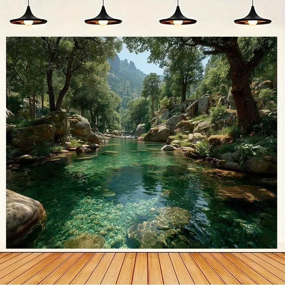 1pc Extra Large 2D Flat Landscape Tapestry - Indoor Wall Decor, Glam Nature Scene Wall Hanging, Realistic Lake Forest, Turquoise Waters, Lush Greenery, Mountain Backdrop, Machine Washable, Realistic Lake Forest Scene