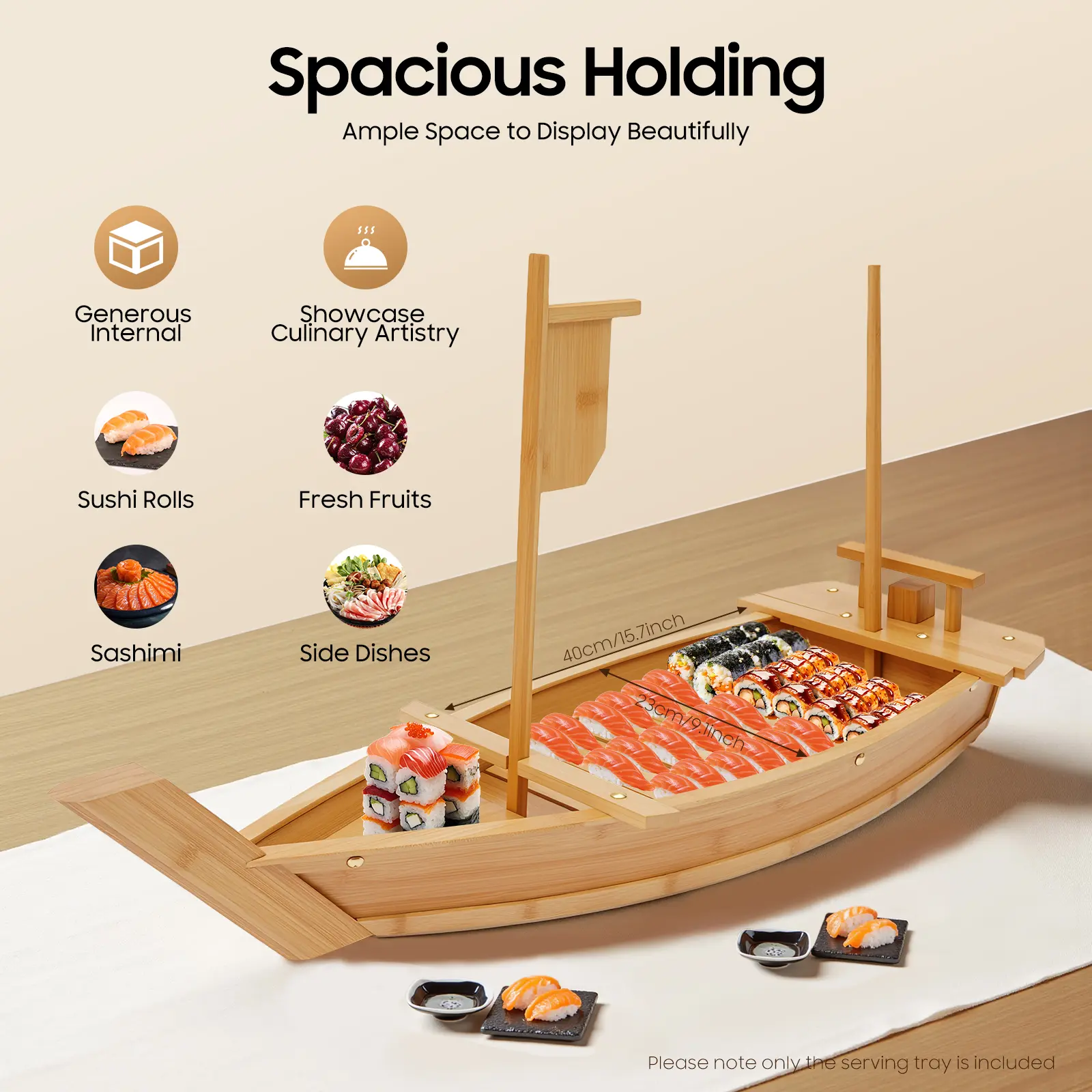 CNCEST 31.5-Inch Solid Bamboo Boat-Shape Sushi Boat and Platter, Detachable Eco-Friendly Durable Lacquered Specialty Plate, Dry Ice-Compatible Storage Tray with Ample Space for Restaurant Sashimi Appetizers (Ideal for Storing and Displaying Sushi)