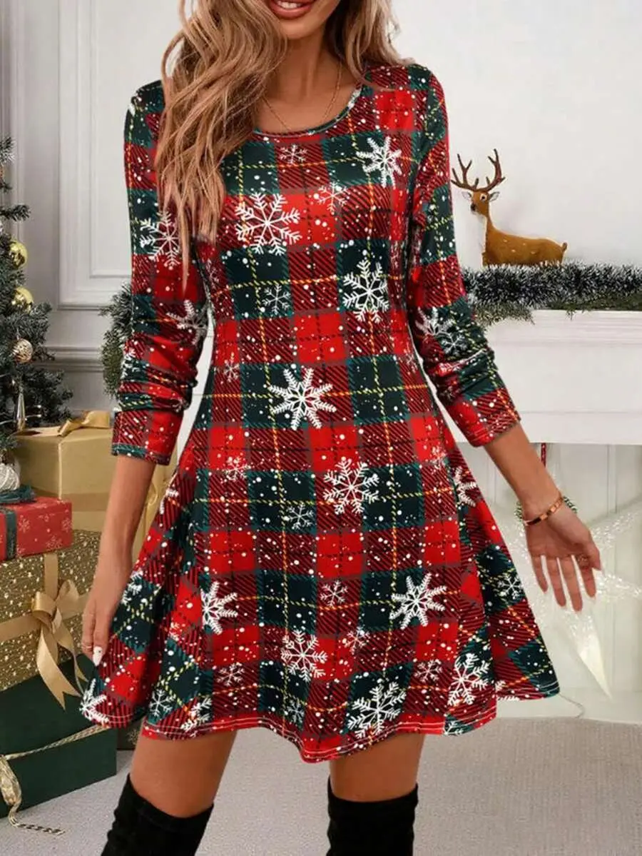 Women's Christmas Snowflake Plaid Checkered Red & Green Print Long Sleeve A-Line Dress - Round Neck,  And, Perfect For Autumn/Winter Casual Outings