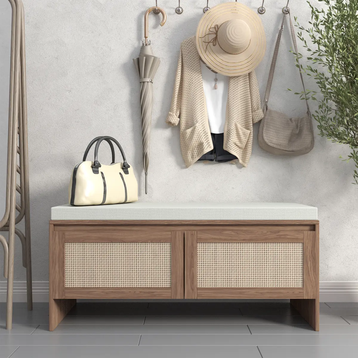 Natural Finish Mid-Century Modern PP Rattan Storage Bench with Cushion - Linen Fabric, 2-Door Faux Rattan Shoe Cabinet, Comfortable & Functional Wood Entryway Seat, Dust-Proof Design, Easy Cleaning for Bedroom, Hallway
