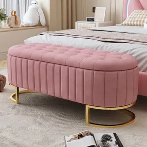 47.2" Storage Bench Ottoman End of Bed Bench Bedroom Bench, Upholstered Velvet Long Window Bench with Gold Legs, Flipping Lid Entryway Footrest