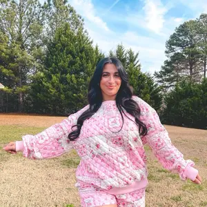 Romantic Quilted Floral Set - Pink Quilted Floral Design, Long Sleeve, Fitted, Casual Style, All Seasons