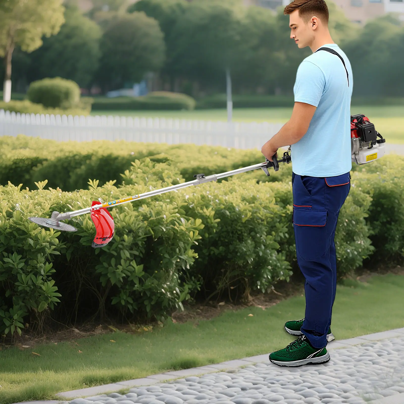 52cc Gas Brush Cutter 4 in 1, 1.7KW Side Attached Weed Trimmer Hedge Cutter Long Pole Saw for Farm Garden Landscaping, Red