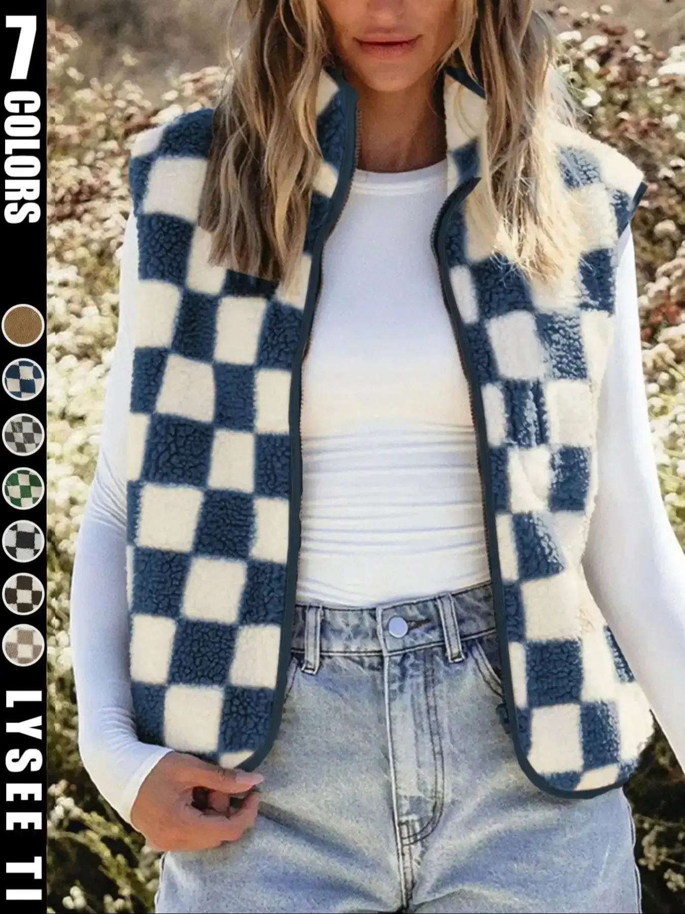 Women's Checkerboard Plaid Plush Vest with Relaxed Silhouette, Retro-Inspired Autumn and Winter Outerwear Jacket for Cozy Daily Layering, layering essential, transitional piece, polished outerwear