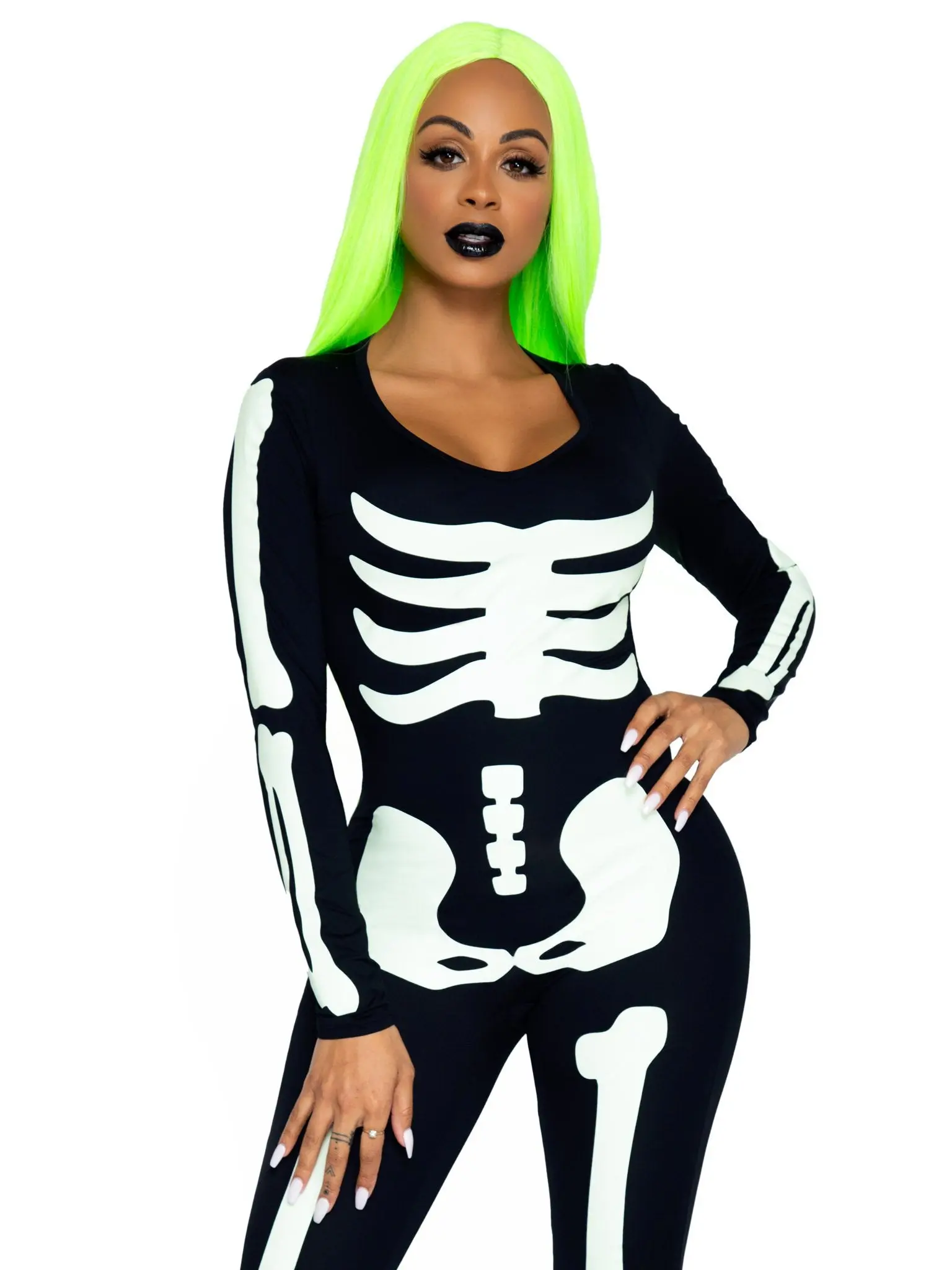 Women's Sexy Glow-in-the-Dark Skeleton Catsuit, Stretchy Spandex Full-Leg Halloween Costume Party Clothes, Bodysuit, Accessories, Slinky, Fabric, Print, Long Sleeve, Bone Pattern, Graphic