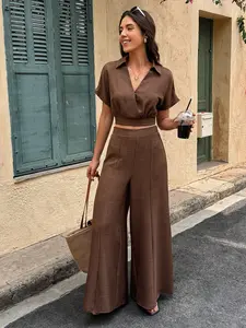 Women's Casual Basic Button Front Top & Pants Set, Spring Summer Vacation, Solid Color Two-Piece Set, Comfortable Daily Wear, Outfit, Womenswear