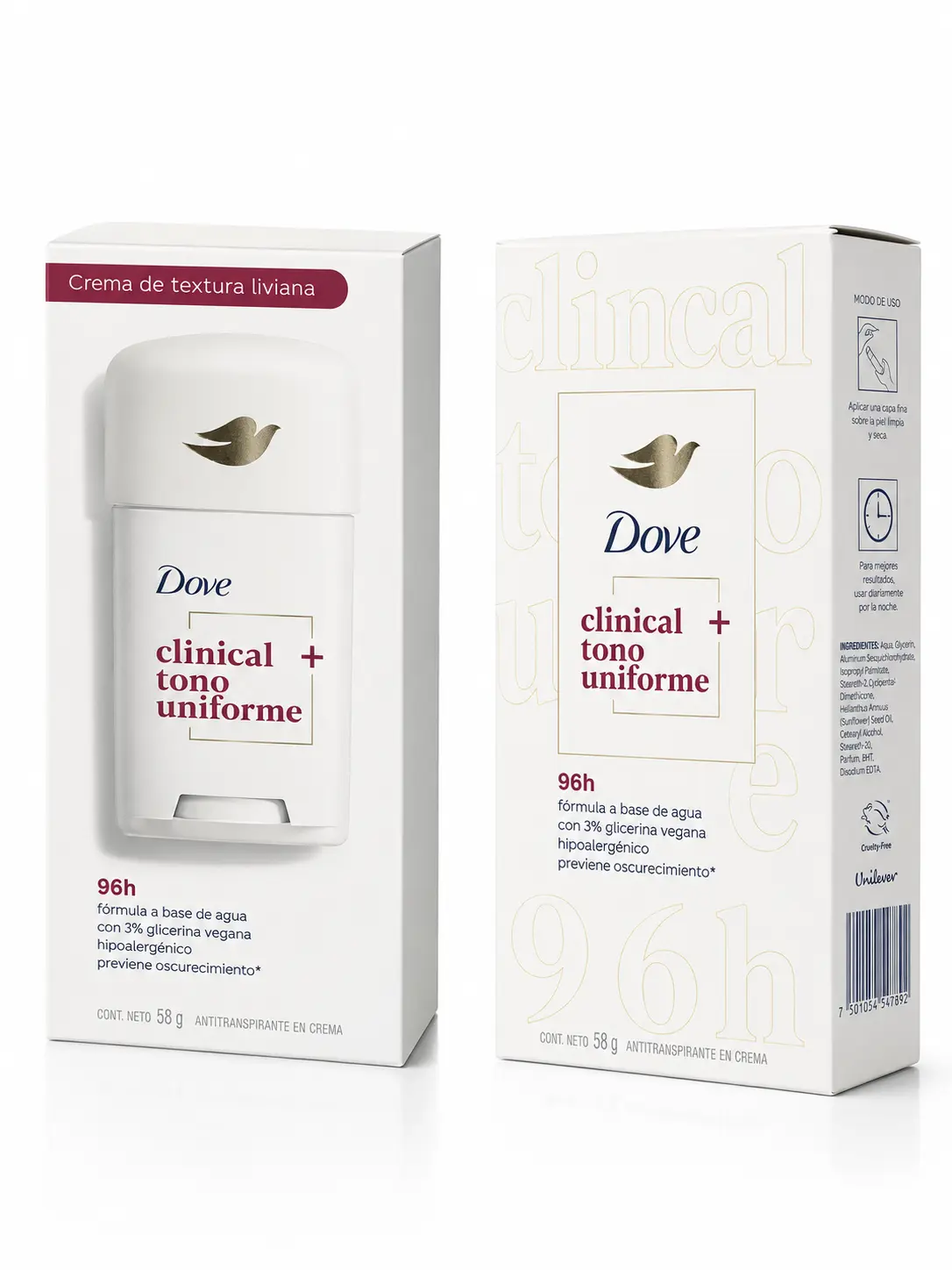 Dove Clinical Antiperspirant Deodorant Cream, Tono Uniforme Formula, 96-Hour Protection, 58g