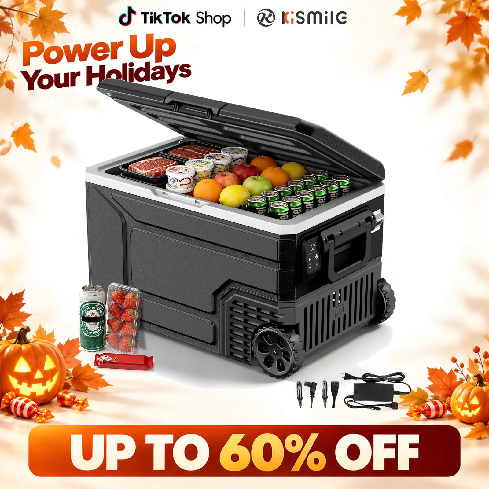 Kismile Large Size 12V Portable Refrigerator Beverage Cooler-42/53/68QT, Dual-Voltage 12V/24V DC, 2 Power Supplies, Switchable Dual Mode, Intuitive Display, -4°F to 68°F Freezer, Adjustable Wheels Handle for Car Camping, 4°F‑68°F Set Temp,techvibes