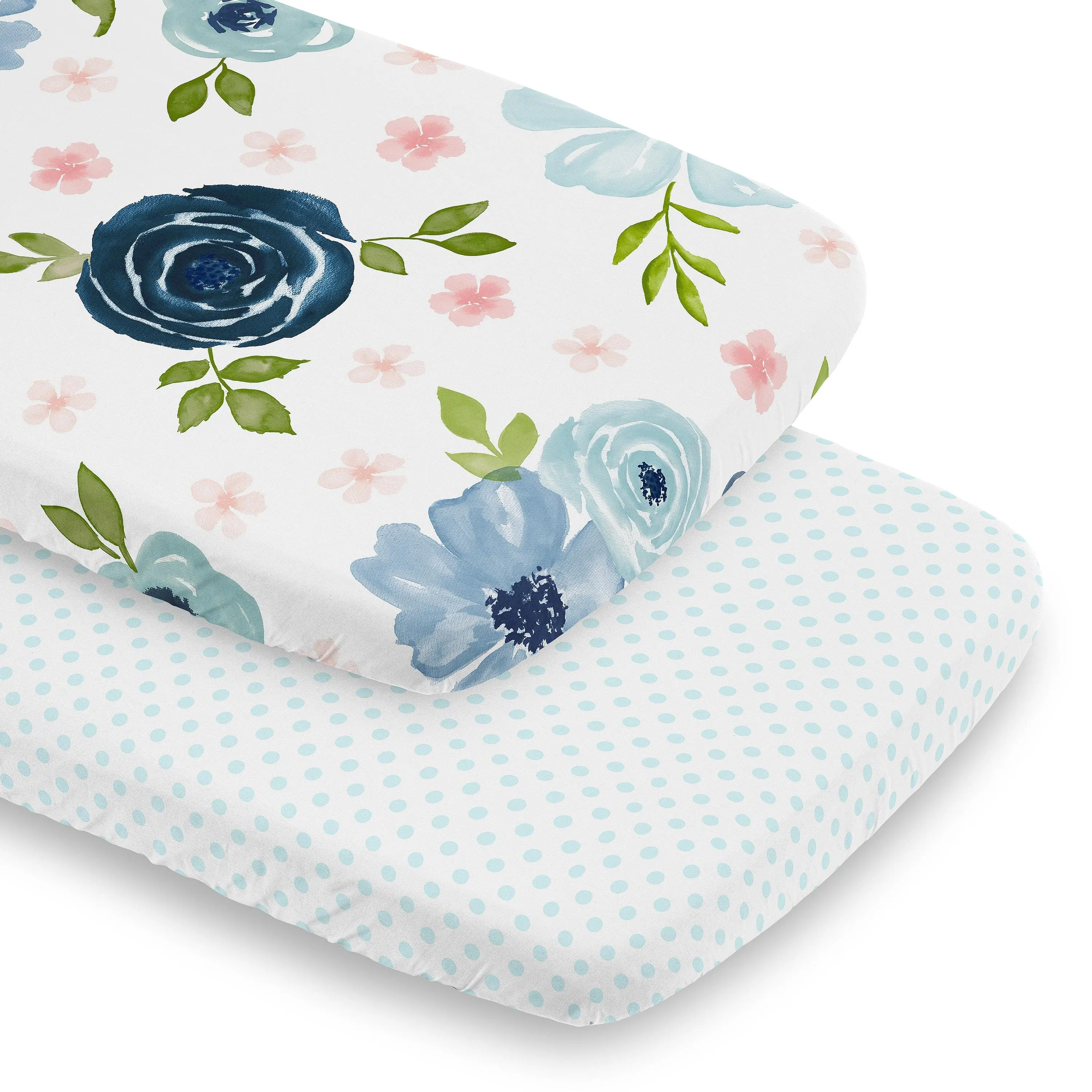 Sweet Jojo Designs Blush Pink and Blue Boho Floral Girl Baby Bassinet Sheets Fitted Sheet Set Infant Newborn Nursery Oval Rectangle Hourglass Mattress 2p Dot Bohemian Farmhouse Shabby Chic Watercolor