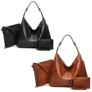 3 Pcs Classic Solid Color Shoulder Bag Set, Textured Handbag With Square Shoulder Bag & Mini Zipper Pouch For Women