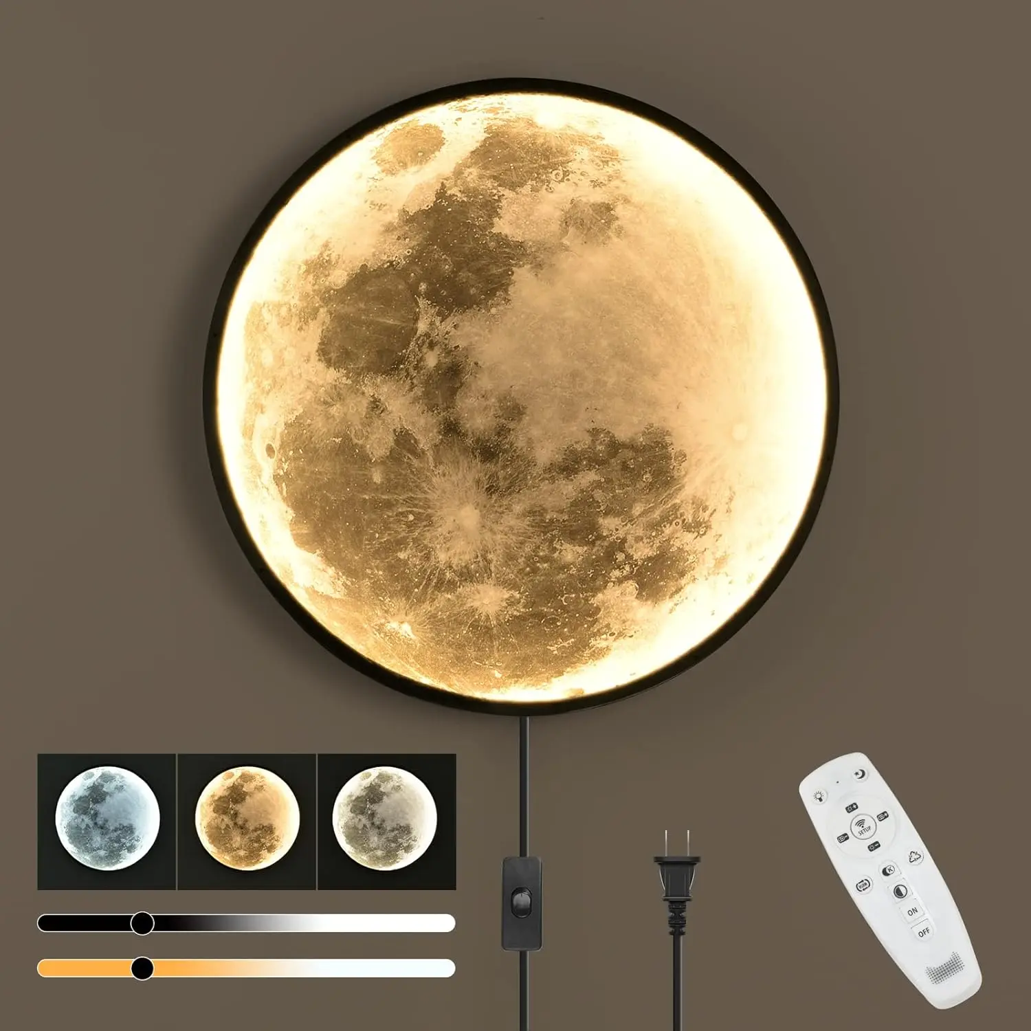 Dimmable Moon Wall Sconce Plug-In LED Light with Remote 19.7-Inch for Living Room Bedroom – Great Gift for Home Decor
