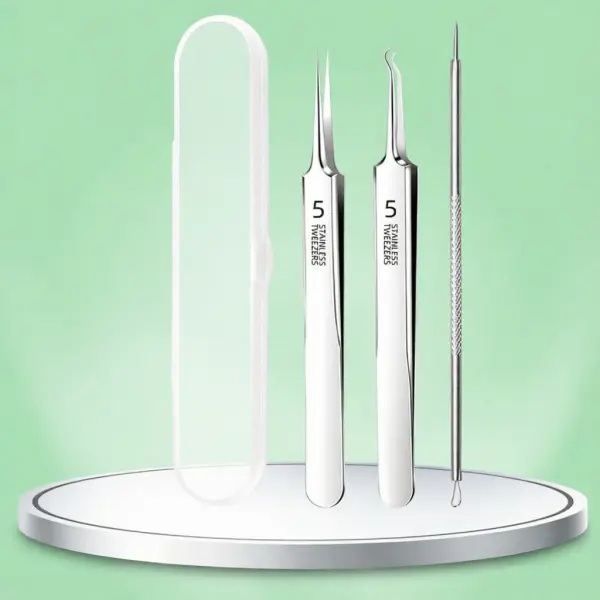 Stainless Steel Blackhead Remover Tweezers Kit with Storage - Professional Acne Needle, Pimple Popper Tools, Precision Curved & Straight Tips for Deep Facial Cleansing, Salon-Quality Extractor Set, Derma Stamp