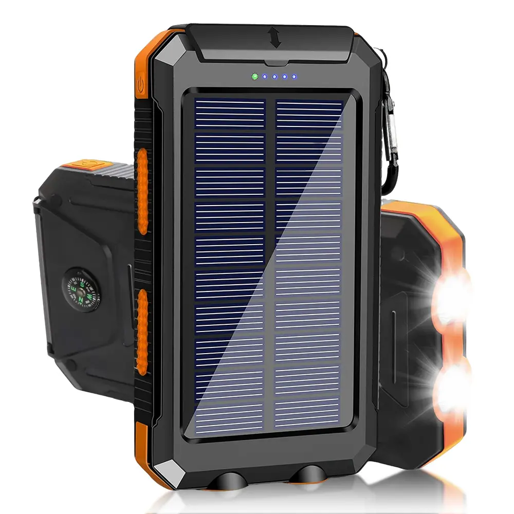 10,000mAh Rugged Silicon Solar Power Bank - IP65 Waterproof Shockproof Mobile Device Charger with Compass, Dual LED Flashlights, Charging Port for Outdoor Survival, Camping - Cool Camping Accessories, Outdoor Tools and Gadgets