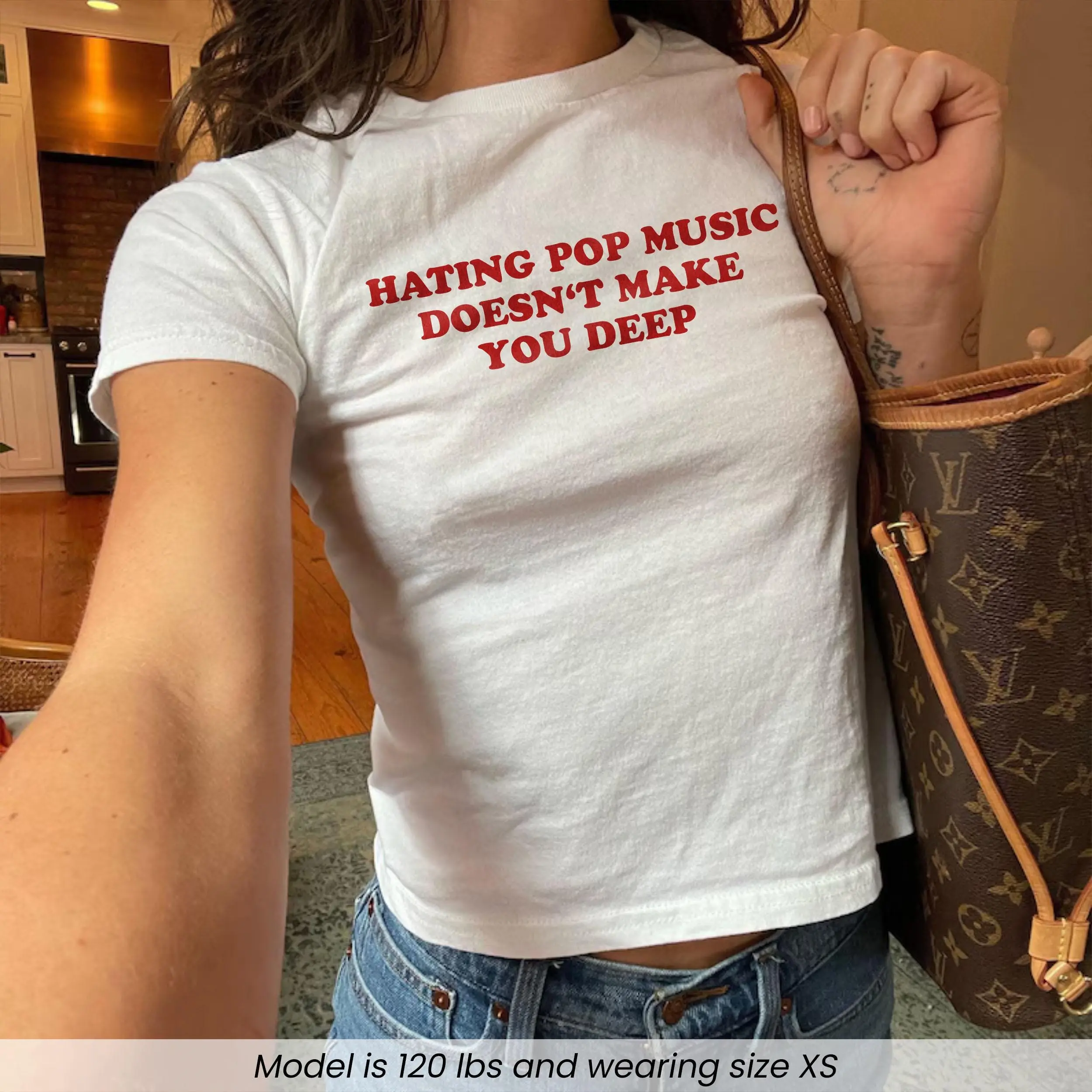Inspired Youth Tee - Hating Pop Music Doesn't Make You Deep Graphic Baby Tee, Iconic Funny It Girl Y2K Women's Fitted T-Shirt, Cute Meme Sarcastic Women's Baby Tees, Gift for Her