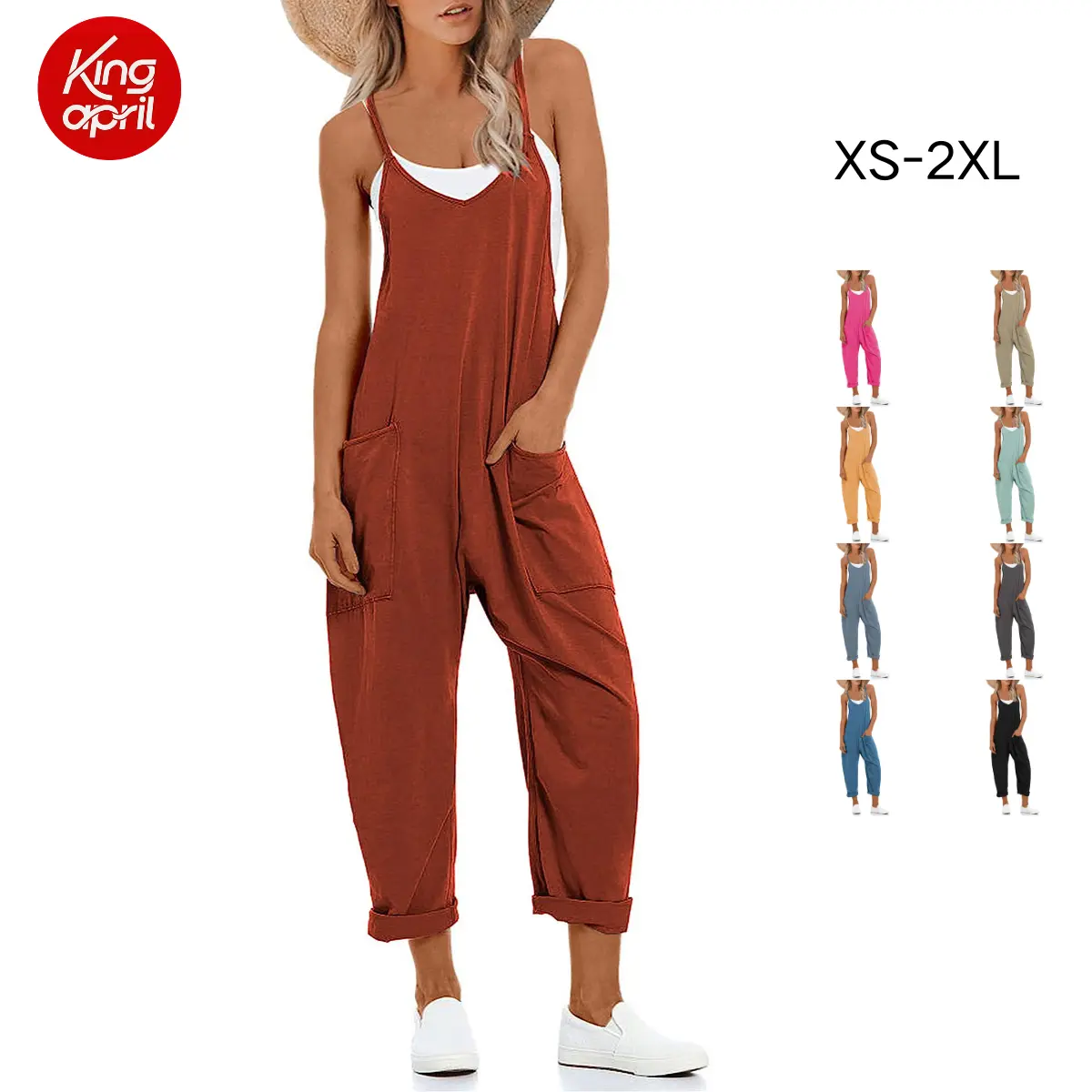 Kingapril Women's Lightweight Soft Cotton Minimalist Basic Casual V-Neck Sleeveless Adjustable Strap Harem Overalls Romper with Pockets, Summer Vibes, Multiple Colors, Jumpsuits For Women, Overalls For Women