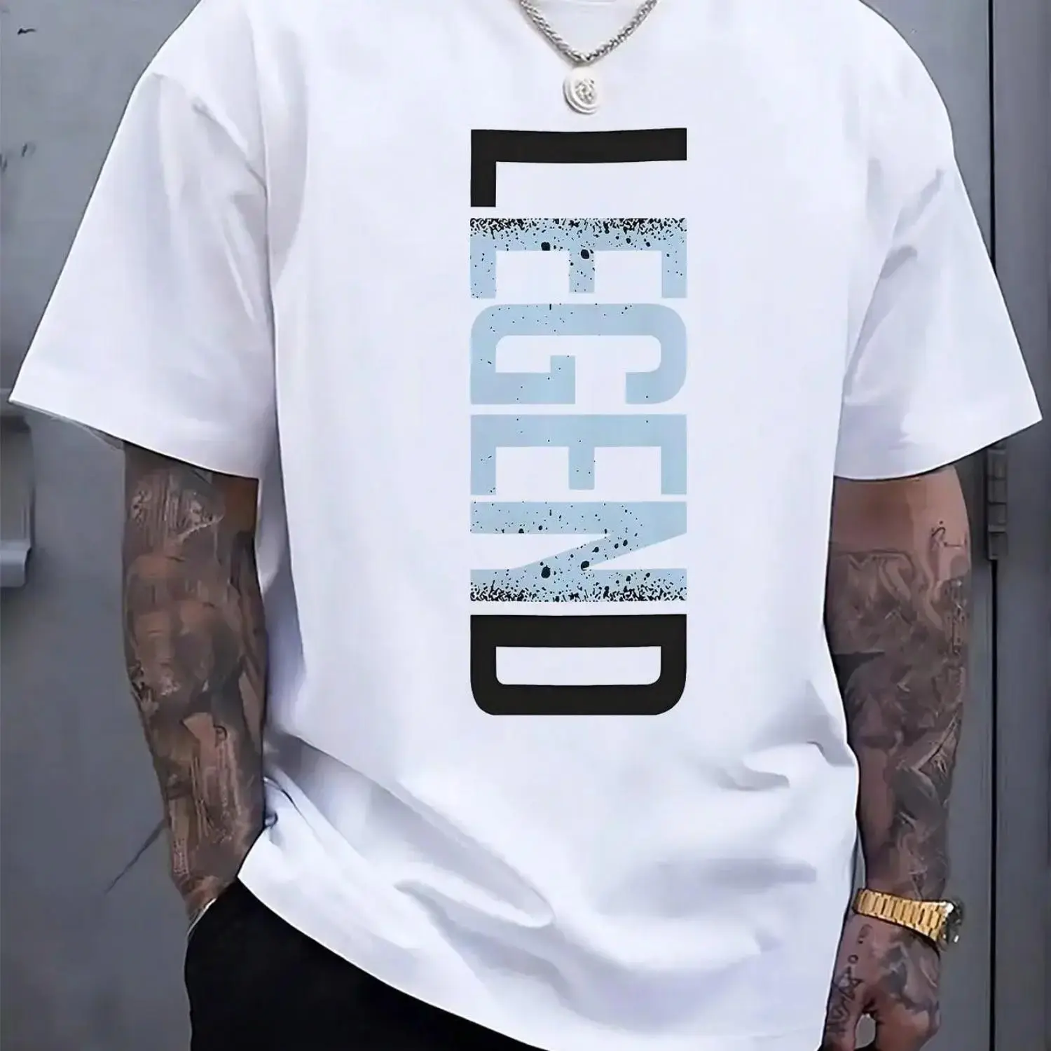 Men's Casual Cotton-Polyester Blend Graphic T-Shirt - Men's Clothing, Round Neck, Short Sleeve, Trendy Graphic Shirts, Legend Print with Blue Letters, Draped, Lightweight, Streetwear, Cold Wash