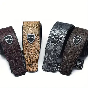1Count 2.5 Inch Guitar Strap Genuine Leather Adjustable Soft Embroidered Belt For Classical Bass Music Hobby Guitar Accessories（Random pattern）
