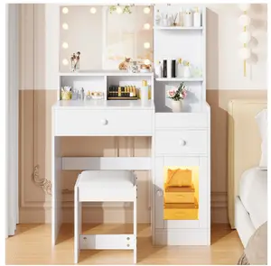 Vanity Set with Mirror, Lighted Makeup Vanity Desk with 2 Drawers, 5 Storage Shelves, LED Cabinet, and Cushioned Stool, Modern Makeup Desk Dressing Table for Girls Bedroom, White