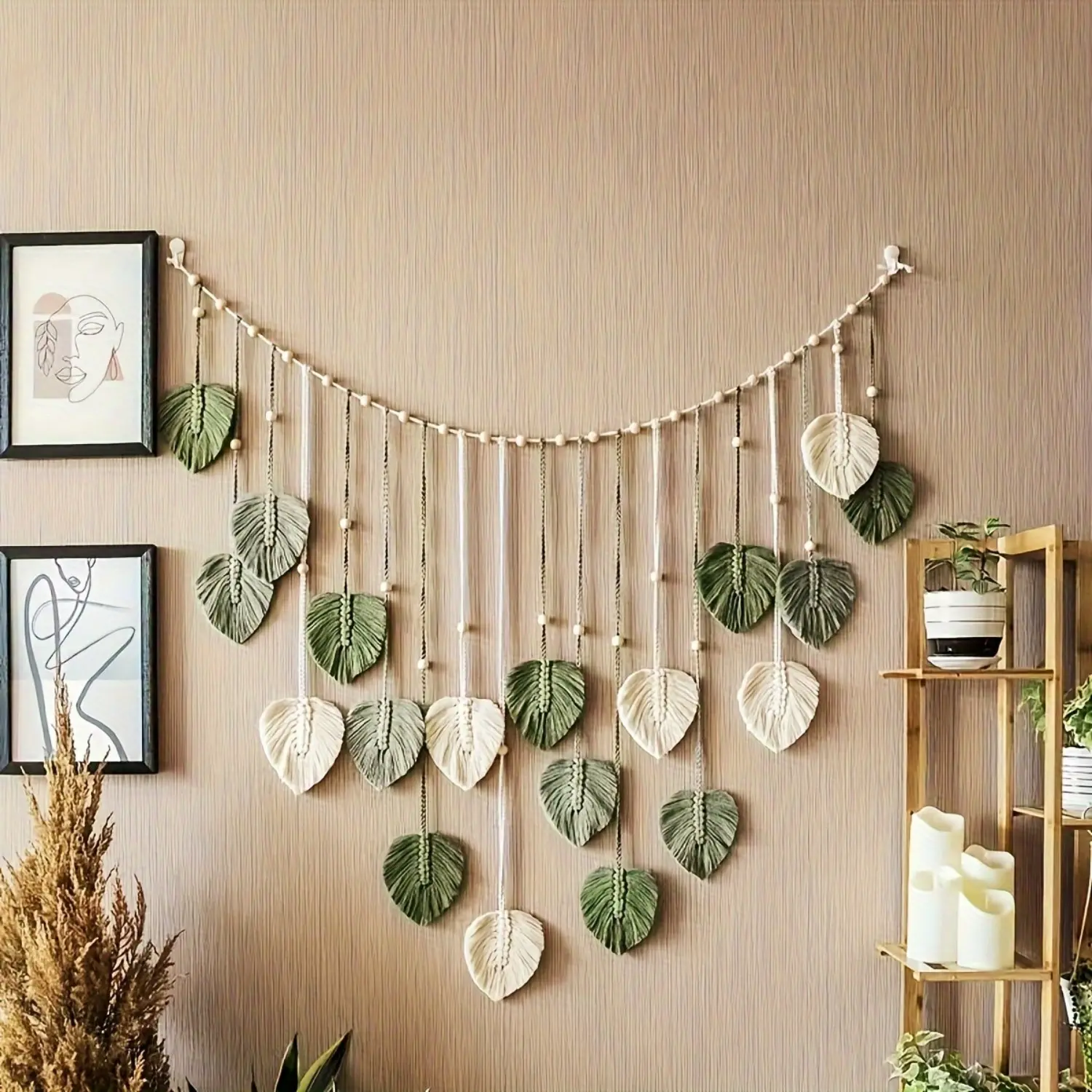 Bohemian Handwoven Leaf Wall Hanging Tapestry - Layered Beige/Fringe with Green Leaves and Beaded Pendants, Horizontal Leaf Design, Ideal for Home Decor, Weddings - Fiber Weaving Craftsmanship, Halloween, Christmas, New Year Gifts