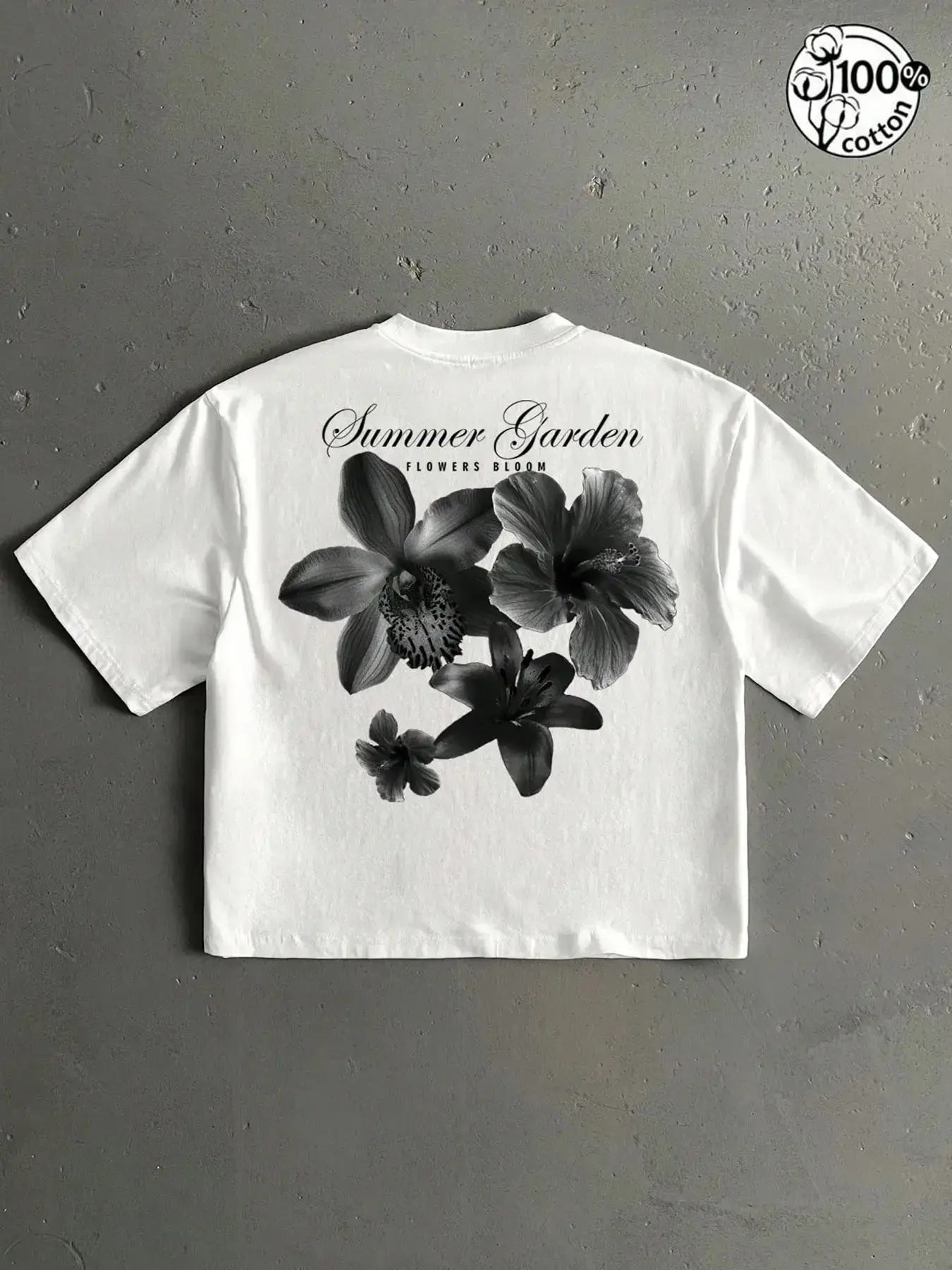Men's 100% Cotton White Cropped T-Shirt | Black & White Floral Print + "Summer Garden" Slogan Sweet Y2K Casual Streetwear Top