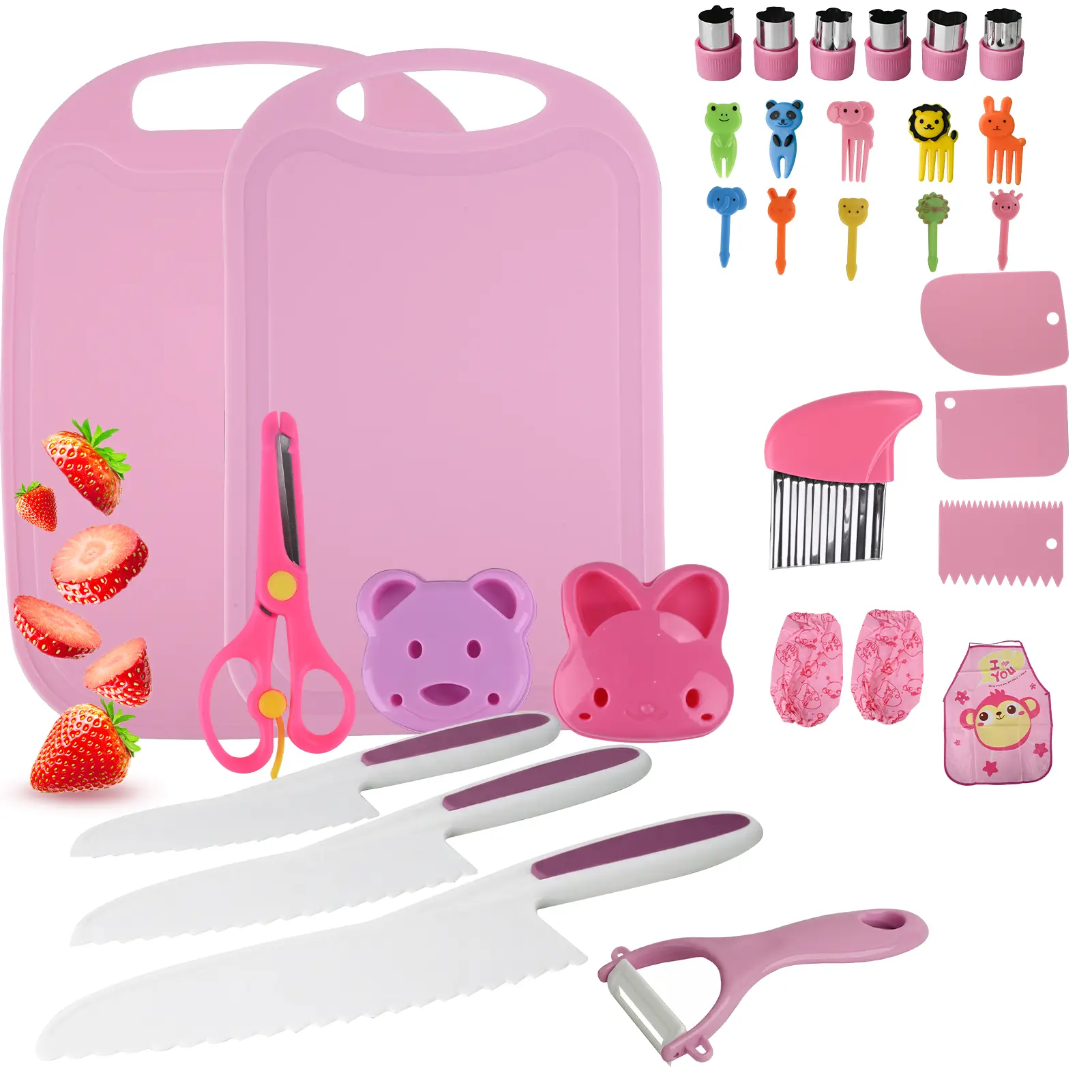 Kid 32 Pcs Pink Safe Kitchen Knife Set - Montessori Toddler Knife Set, Kids Cutting Board and Knife Set Real Cooking Kids Knives, Sandwich Cutter Set, Perfect Christmas Gifts #Mother's Day Summervibes