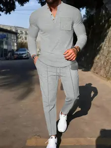 Men's Two-Piece Set Fall Winter, Casual Drawstring Waist Pants & Waffle Texture Muscle Show Shirt, Perfect for Running