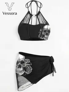 Women’s Gothic Skull Rose Bikini Set, Mesh Panel Halter Swimsuit with Sarong Wrap, Grunge Y2K High Waist Sexy Bathing Suit for Beach Vacation Pool Party