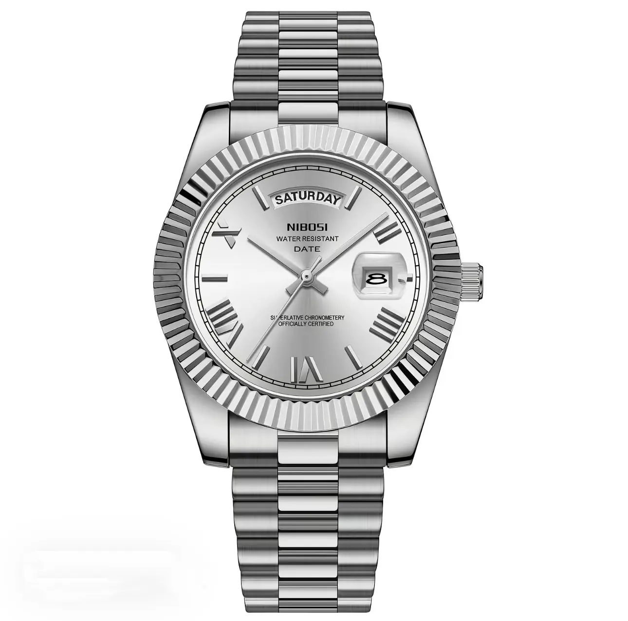 Water Resistant Date Watch with Roman Numerals and Stainless Steel Band