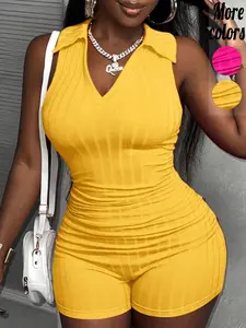 Plus-Size 1 Piece Hot Pink Ribbed Polo Collar Sleeveless Romper, Trendy Y2K Style, Aesthetic, Stretchy Ruched Waist & V-Neck Detail, For Curvy Women, Perfect for Brunch, Date Night & Clubbing Outfits