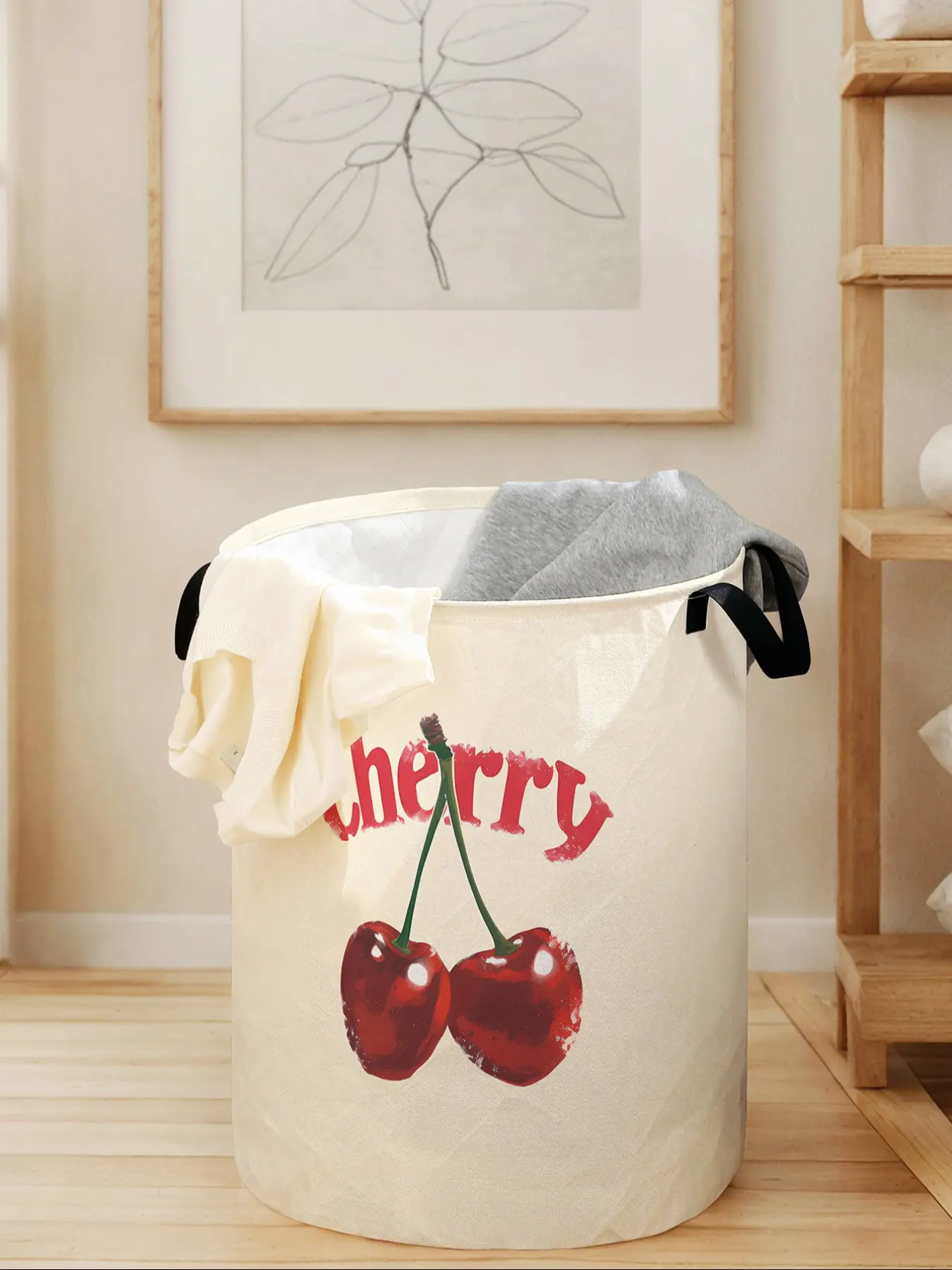 Cherry Print Laundry Basket with Handle, Durable Foldable Clothes Storage Bin, Large Capacity Toy Organizer for Home Use