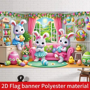 Easter Party Wall Hanging Backdrop Fabric, Heavy-Duty Polyester Material, Macaron & Rabbits Design, Floral Wall Decorations, Perfect for Easter Celebrations
