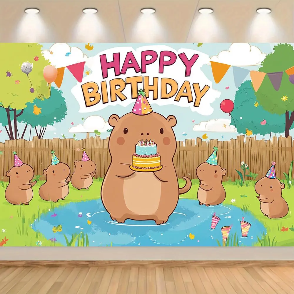 1pc 2D Flat Capybara Party Backdrop Banner - Durable Polyester, Power-Free Cute Festive Backdrops & Banners for Birthday Party Decorations, Weddings, Home Supplies, Happy Birthday, Cartoonish