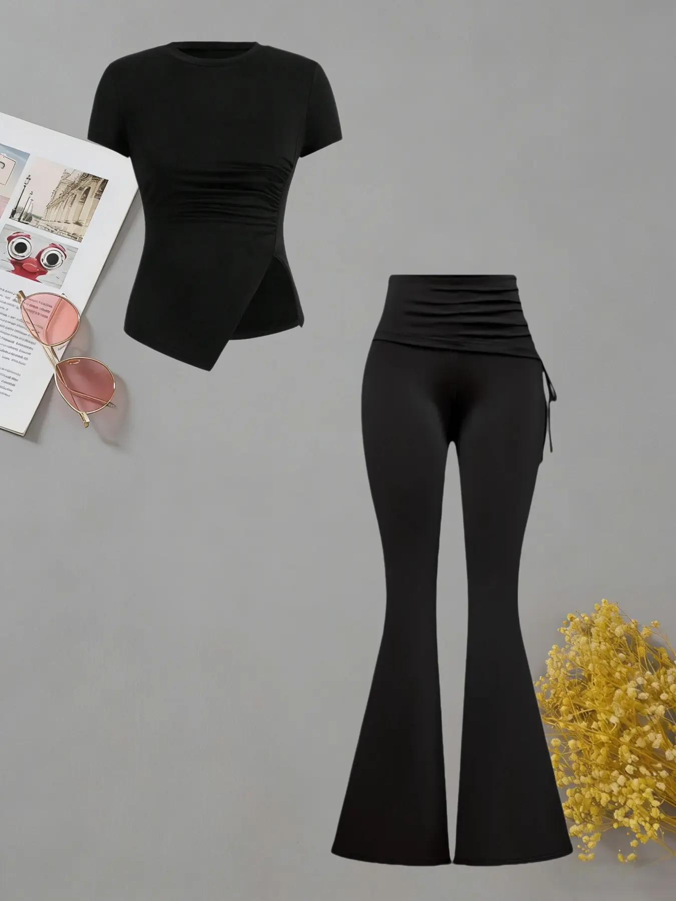 Women's trousers suit, Casual small condensed irregular hem round neck short sleeves and drawstring high waist bell-bottom trousers suit