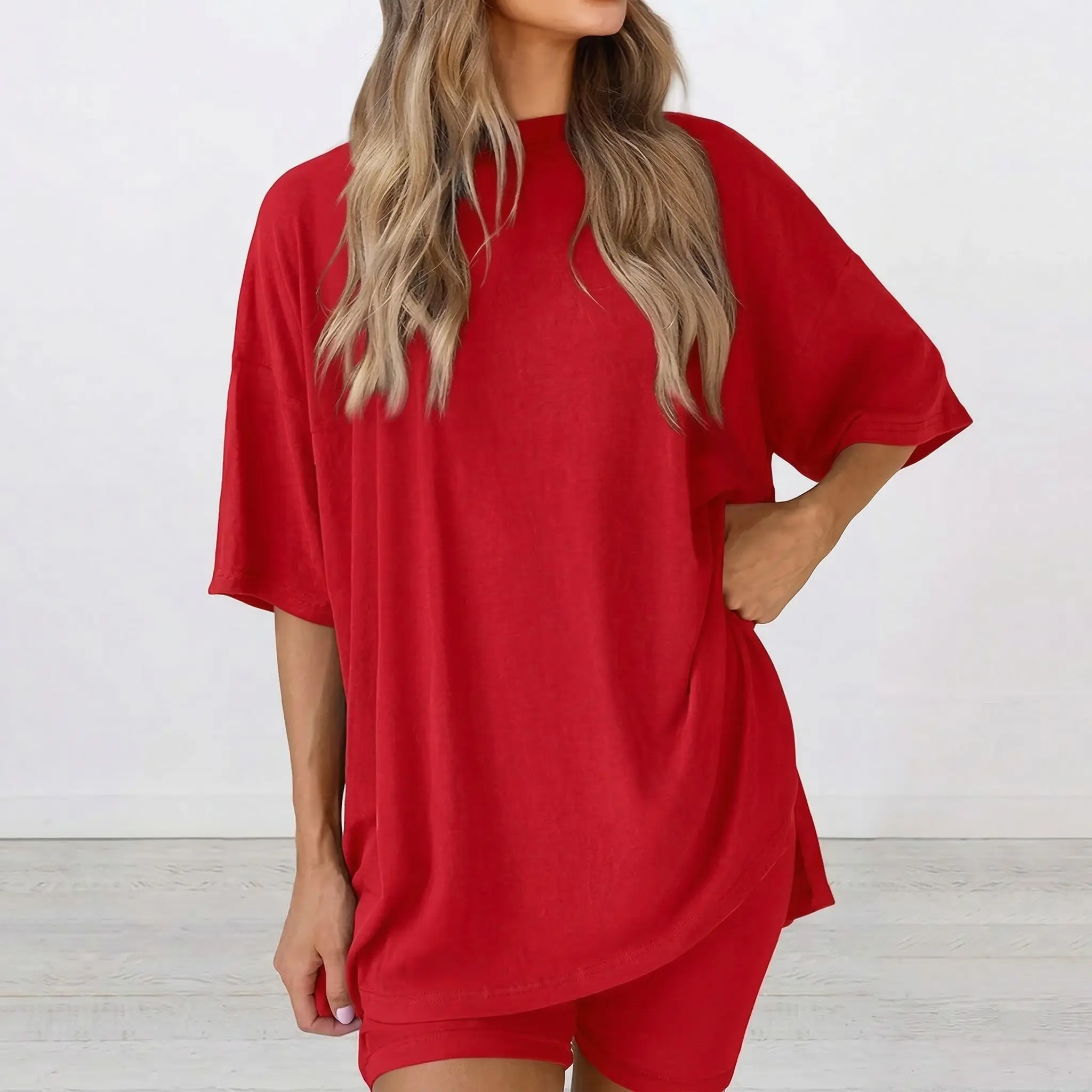 Women's 2-Piece Oversized T-Shirt & High-Waisted Biker Shorts Set, Basic Fitness Style Loungewear Pajamas with Comfortable Fabric for Summer Casual Wear