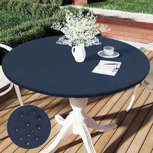 1pc Round Solid Table Cover, Vinyl Waterproof Oil-Resistant Easy-Clean, Non-Slip Tablecloth, Elastic Band Flannel Backing, Indoor Outdoor Use, Washable Table Cover
