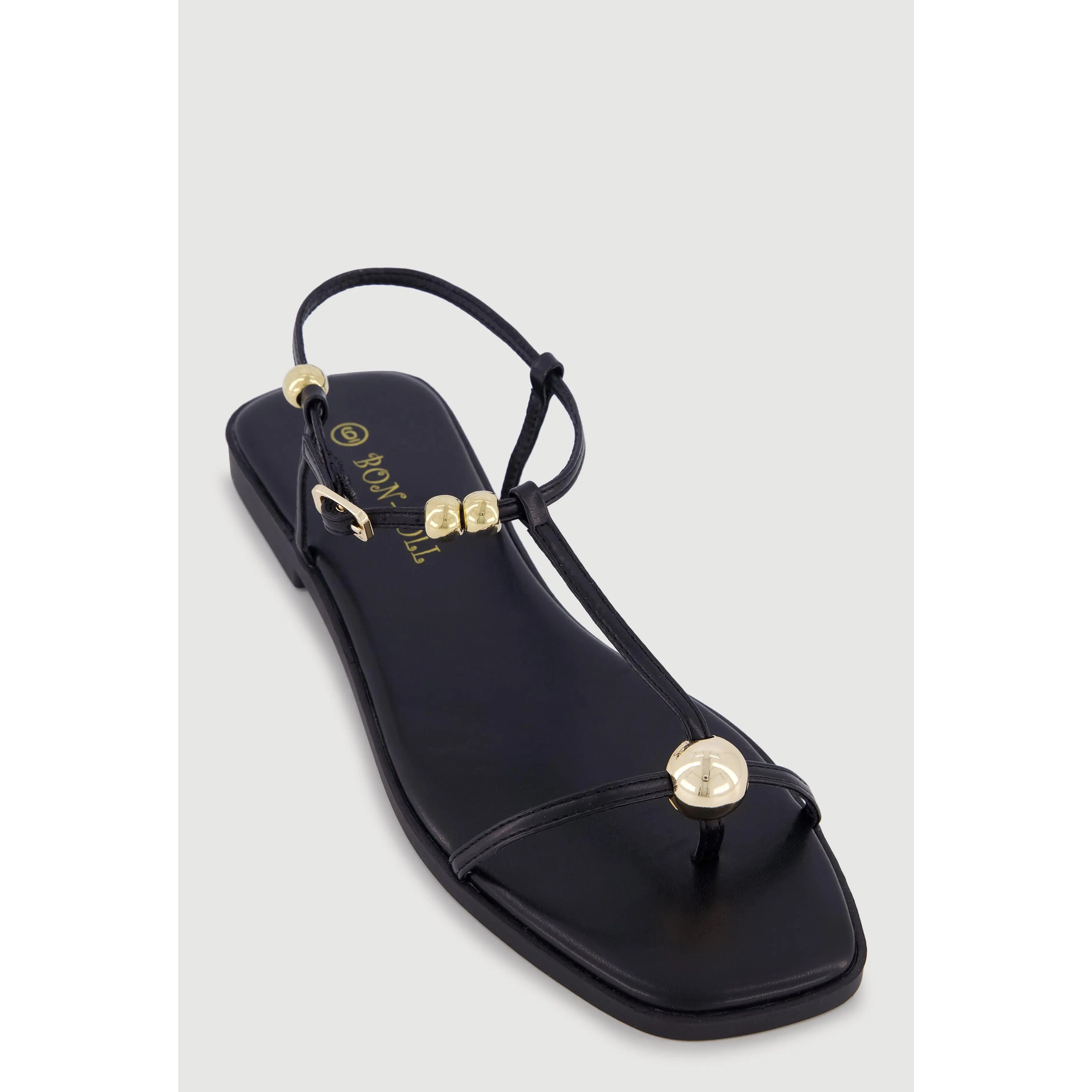 Metallic Beaded Ankle Strap Toe Loop Sandals
