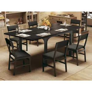 7-Piece Dining Table Set for 4-6, Extendable Kitchen Table Cushion Chairs Set of 6 with 6 Chairs, Rectangle Dining Table with Metal Frame & MDF Board, Folding for Small Apartment Saving Space