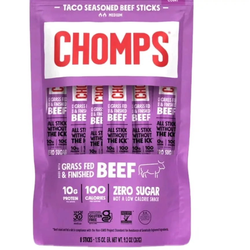 Chomps Grass-Fed & Finished Taco Beef Jerky Snack Sticks 12-Pack - Keto, Paleo, Whole30, 10g Lean Meat Protein, Gluten-Free, 0 Sugar, Non-GMO Dried Snack