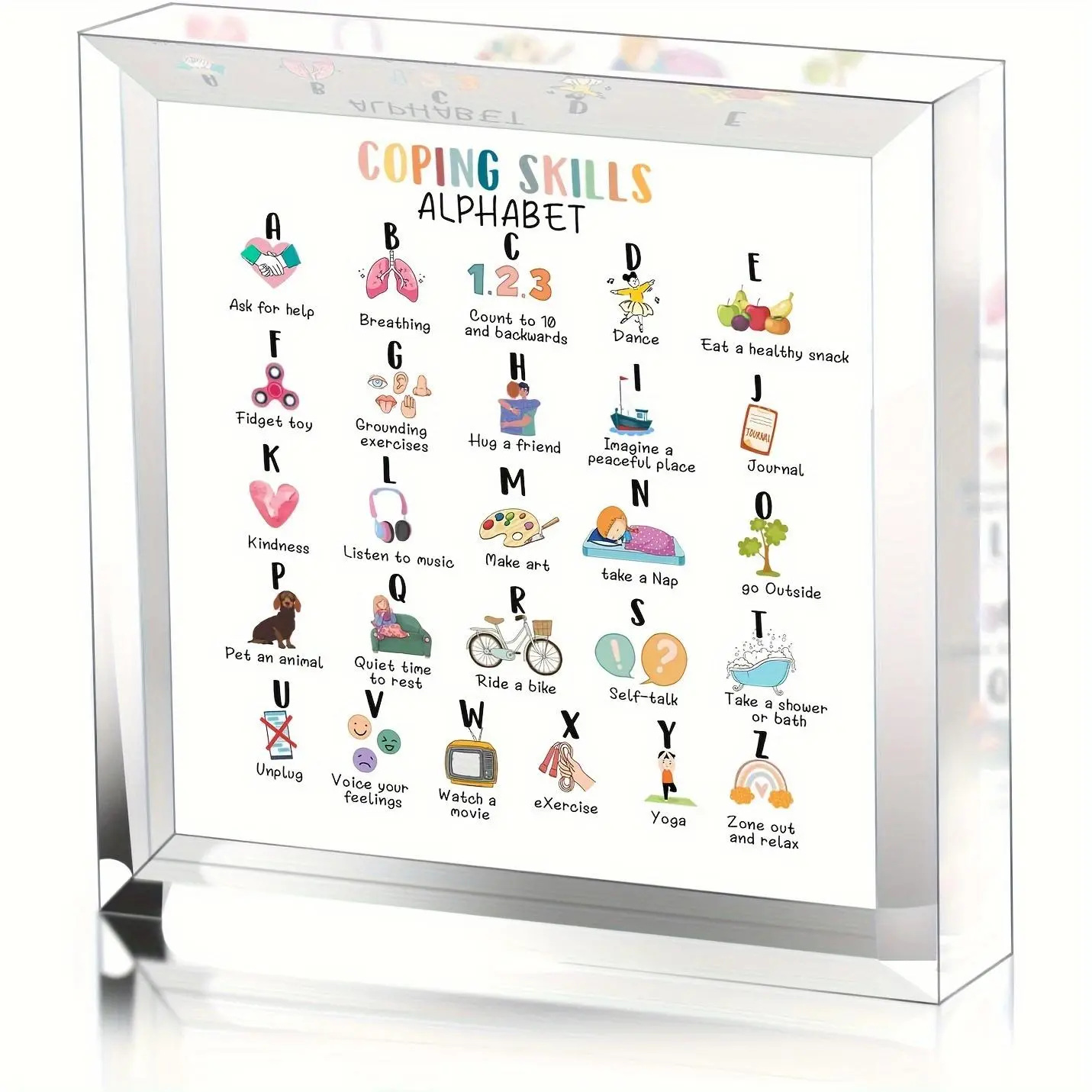 Coping Skill Alphabet Quotes Desk Decoration, Clear Acrylic Desktop Ornament, Office Desk Accessories, Teacher Gift Idea, Gift for Teacher Therapist Parents Counselor, Acrylic Plaque Decor, Acrylic Plaque Sign