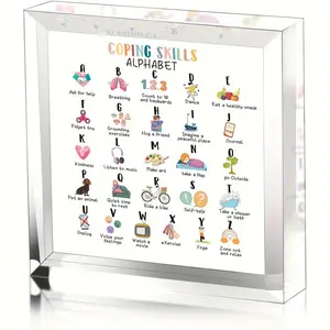 Coping Skill Alphabet Quotes Desk Decoration, Clear Acrylic Desktop Ornament, Office Desk Accessories, Teacher Gift Idea, Gift for Teacher Therapist Parents Counselor, Acrylic Plaque Decor, Acrylic Plaque Sign