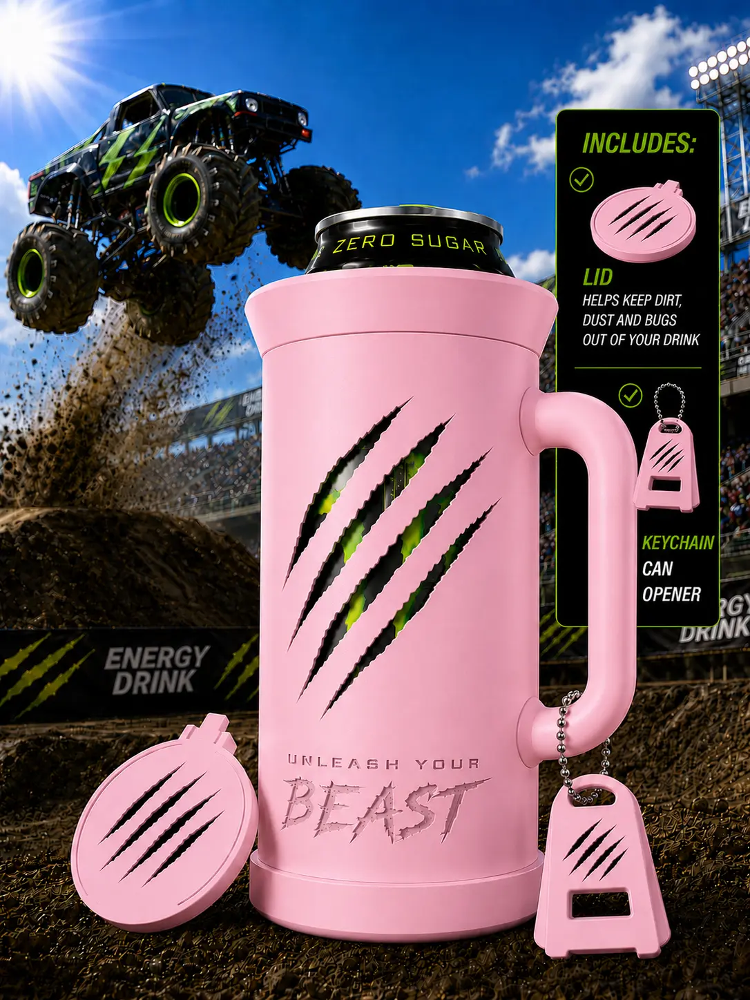 16oz (473ml) 3D Printed Claws Energy Drink Can Holder Mug Cup Tumbler, Includes Lid and Keychain Opener